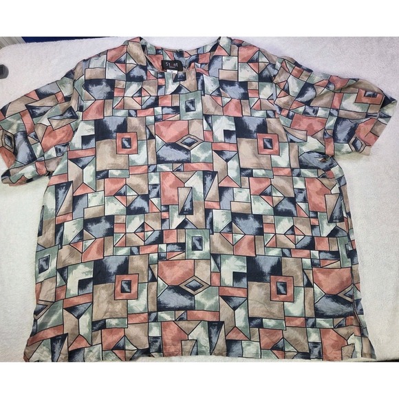 Stunt Women Tops - Vintage 90s Silk Blouse 2X Abstract Geometric Print Short Sleeve Button Back Top